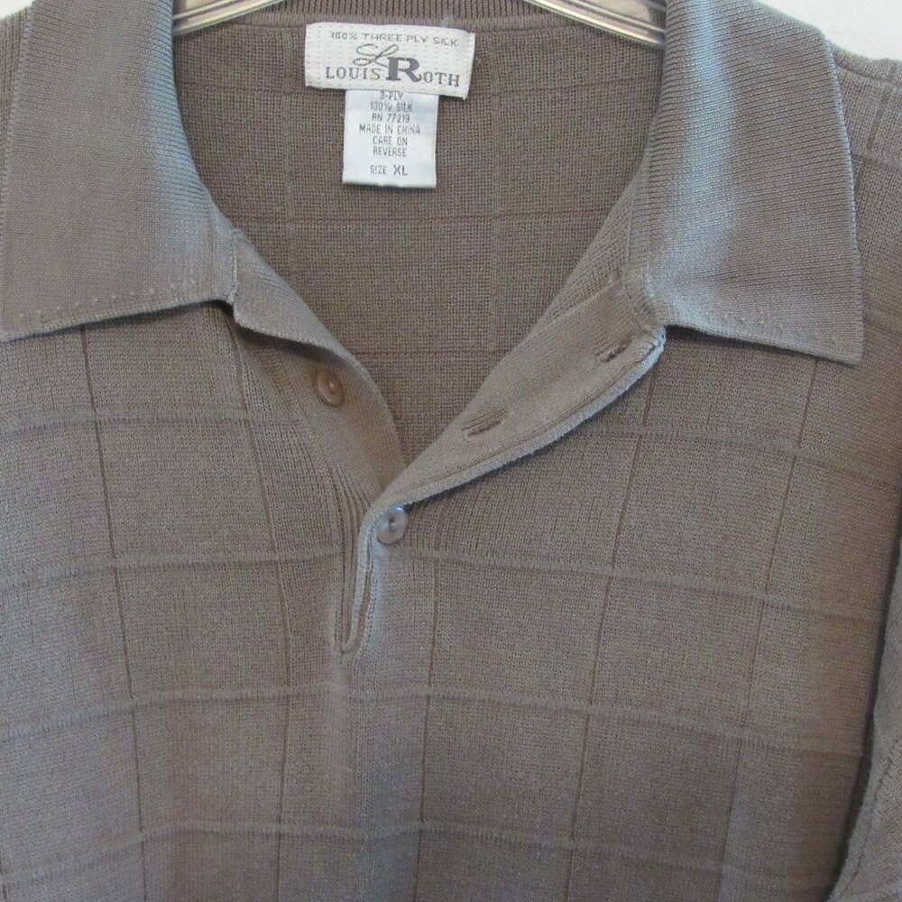 VTG Louis Roth Window Pane Polo Sweater 100% Silk Mens X-Large Tan Business